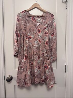 Blu Pepper Dusty Rose Floral Long Sleeve Mini Babydoll Dress L NWT